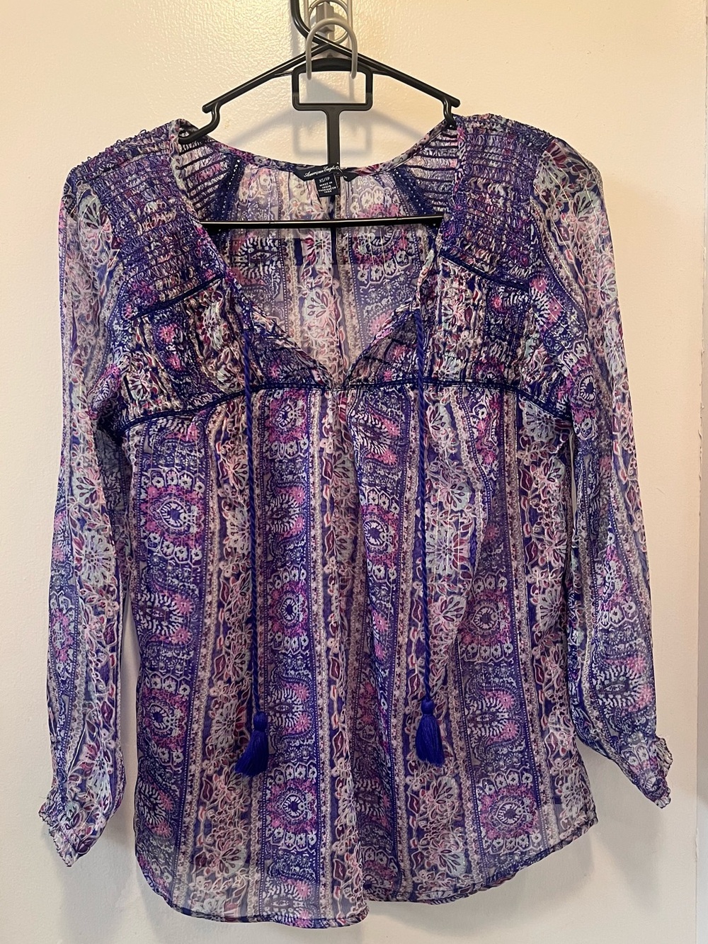 American Eagle Outfitters Purple Paisley Tassel Peasant Blouse